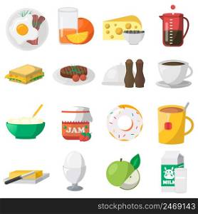 Breakfast colorful icons with fresh fruit dairy products eggs dishes hot beverages and sweets isolated vector illustration. Breakfast Colorful Icons