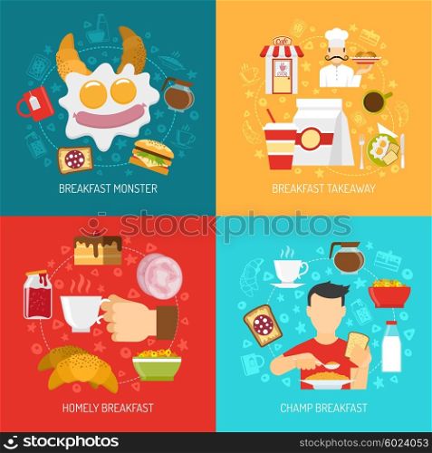 Breakfast Concept Icons Set . Breakfast concept icons set with champ and takeaway breakfast symbols flat isolated vector illustration