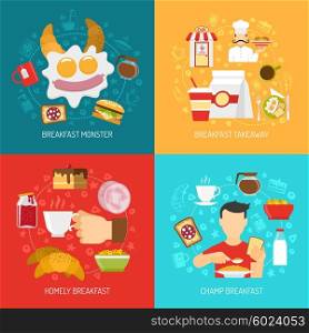 Breakfast Concept Icons Set . Breakfast concept icons set with champ and takeaway breakfast symbols flat isolated vector illustration