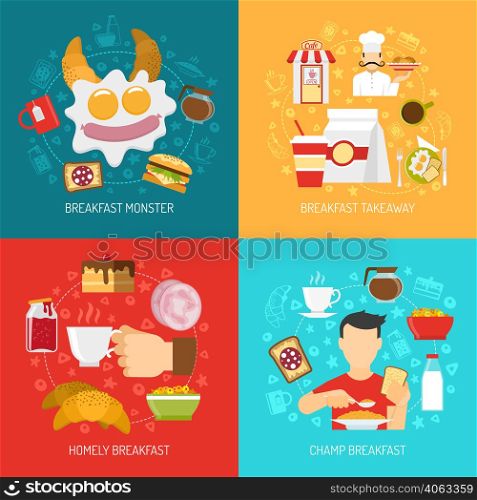 Breakfast concept icons set with champ and takeaway breakfast symbols flat isolated vector illustration . Breakfast Concept Icons Set