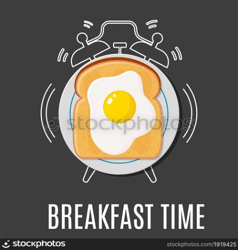breakfast concept with egg and toast and outline alarm clock. Concept for breakfast menu, cafe, restaurant. Food background. Vector illustration in flat style. egg and toast and outline alarm clock,