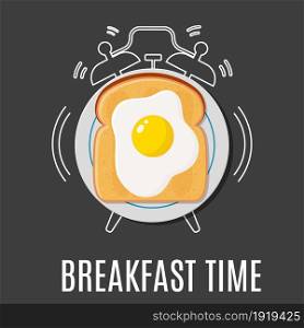 breakfast concept with egg and toast and outline alarm clock. Concept for breakfast menu, cafe, restaurant. Food background. Vector illustration in flat style. egg and toast and outline alarm clock,