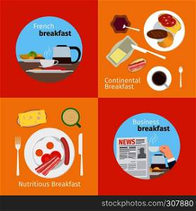 Breakfast concepts. Continental Breakfast and French Breakfast, Business Breakfast and Nutritious Breakfast. Continental and French Breakfast concepts