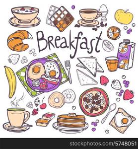 Breakfast decorative sketch icons set with fried eggs toasts cereals orange juice isolated vector illustration
