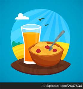 Breakfast design concept with glass of orange juice and bowl of cereal at rural landscape background vector illustration . Breakfast Design Concept At Rural Landscape Background