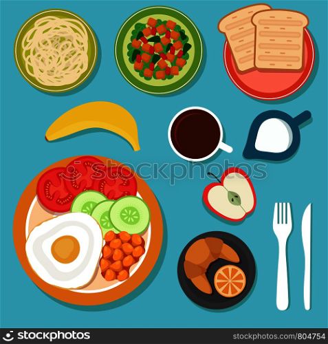 Breakfast eating food and drinks on table top view vector illustration. Menu of morning, coffee and lunch of set. Breakfast eating food and drinks on table top view vector illustration