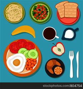Breakfast eating food and drinks on table top view vector illustration. Menu of morning, coffee and lunch of set. Breakfast eating food and drinks on table top view vector illustration
