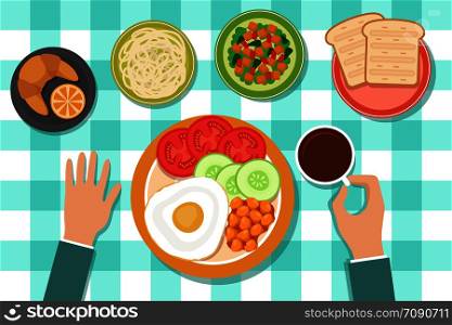 Breakfast eating food on plates and man hand on table. Top view vector illustration. Dish food on table, drink of tea. Breakfast eating food on plates and man hand on table. Top view vector illustration