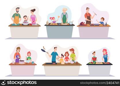 Breakfast family. Happy parents with kids cooking at kitchen dinner vegetables cut fruits boiling food serving table exact vector illustrations. Family cooking at kitchen, dinner and breakfast. Breakfast family. Happy parents with kids cooking at kitchen dinner vegetables cut fruits boiling food serving table exact vector illustrations