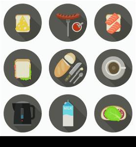 Breakfast flat icons set with long shadows
