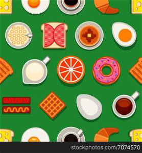 Breakfast flat style seamless texture. Different meals and drinks colored on green background. Vector cartoon style illustration. Breakfast flat style seamless texture. Meals and drinks colored on green background. Vector illustration