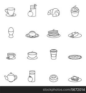 Breakfast food and drink icon outline set with cereal toast butter isolated vector illustration