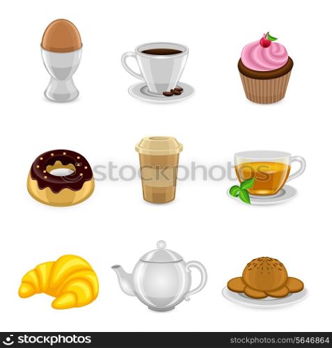 Breakfast food and drink icon set with egg coffee cup cake and croissant isolated vector illustration