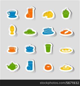 Breakfast food and drink icon sticker set with coffee milk and orange juice isolated vector illustration