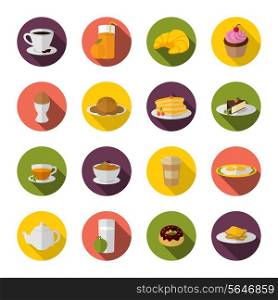 Breakfast food and drink icon with tea coffee croissant and sandwich flat set vector illustration