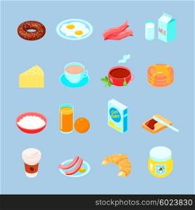 Breakfast Food And Drinks Flat Icon Set. Breakfast food and drinks colorful flat icon set with coffee tea eggs vector illustration