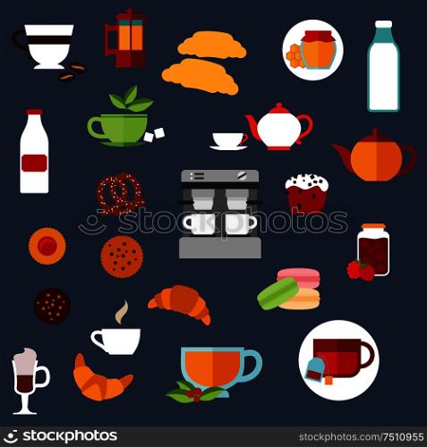 Breakfast food and drinks flat icons with croissants, cakes, coffee machine and teapots, milk bottles, cookies, cups of hot beverages, macaroons, honey and jam jars, pretzel. Vector illustration