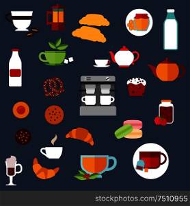 Breakfast food and drinks flat icons with croissants, cakes, coffee machine and teapots, milk bottles, cookies, cups of hot beverages, macaroons, honey and jam jars, pretzel. Vector illustration