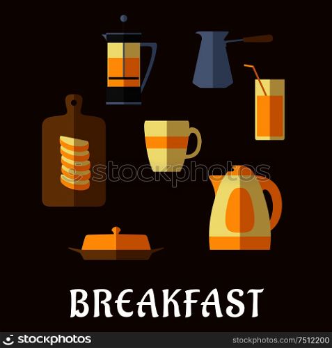 Breakfast food and drinks flat icons with fresh brewed coffee and tea, pots, cup, juice glass, butter, sliced bread on chopping board and electric kettle. Breakfast food and drinks flat icons