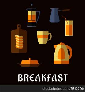 Breakfast food and drinks flat icons with fresh brewed coffee and tea, pots, cup, juice glass, butter, sliced bread on chopping board and electric kettle. Breakfast food and drinks flat icons
