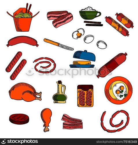 Breakfast food, drink and meat elements in sketch style with eggs and butter, bacon and various sausages, coffee cup and chicken, olive oil and salami. Breakfast food, drink and meat elements