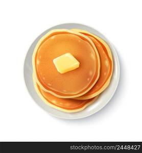 Breakfast food menu item tasty fluffy homestyle pancakes with butter plate realistic top view image vector illustration . Breakfast Realistic Pancakes Top View Image