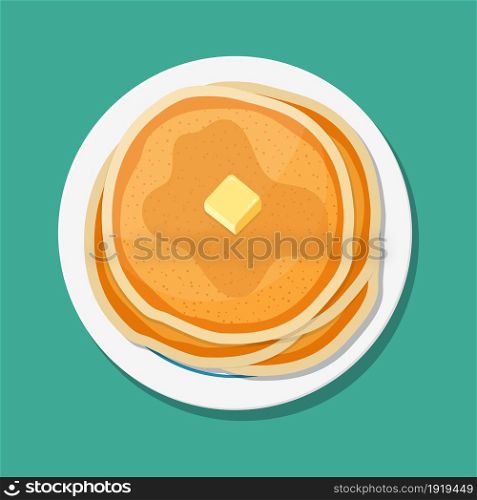 Breakfast food menu item tasty fluffy homestyle pancakes with butter plate. top view. Vector illustration in flat style. Breakfast food menu