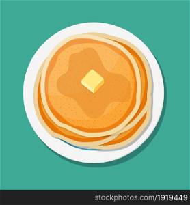 Breakfast food menu item tasty fluffy homestyle pancakes with butter plate. top view. Vector illustration in flat style. Breakfast food menu