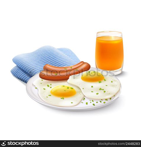 Breakfast food realistic set with orange juice fried eggs with sausage and napkin vector illustration