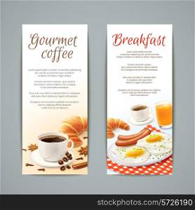 Breakfast food vertical banners set with coffee cup croissant fried eggs and orange juice isolated vector illustration