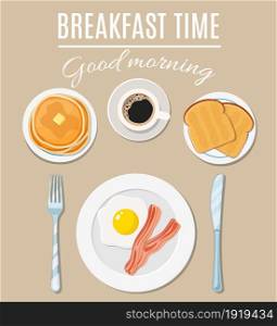 Breakfast foods top view. Pancakes, fried egg with bacon, slices of bread and cup of coffee. The best morning meals concept. Vector illustration in flat style. Breakfast foods top view