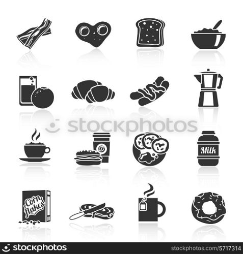Breakfast fresh food and drinks black icons set with cereals sausages flakes and sandwich isolated vector illustration