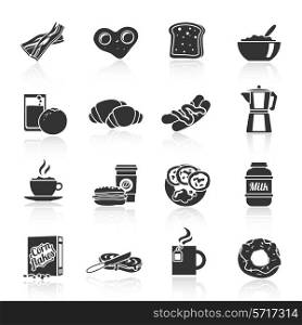 Breakfast fresh food and drinks black icons set with cereals sausages flakes and sandwich isolated vector illustration