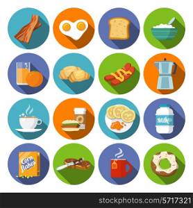 Breakfast fresh food and drinks flat icons set with coffee donut fruit juice tea cup isolated vector illustration