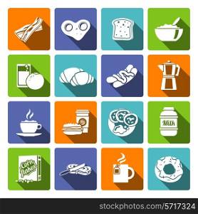 Breakfast fresh food and drinks flat icons set with croissant chocolate toast corn flakes fried eggs isolated vector illustration