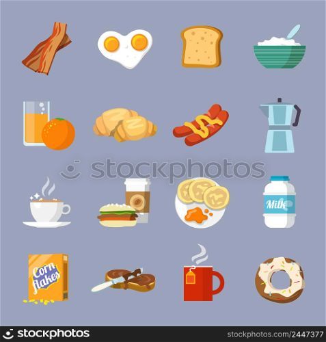 Breakfast fresh food and drinks flat icons set with eggs bread croissant bacon isolated vector illustration