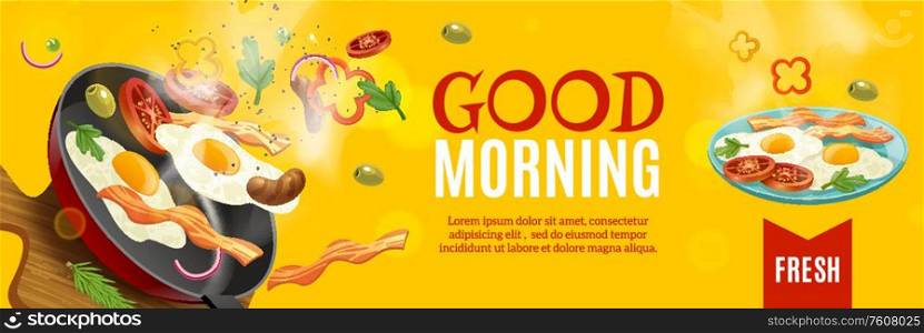 Breakfast horizontal ads poster with fried eggs in pan frankfurters and good morning text vector illustration