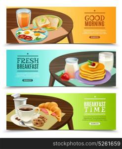 Breakfast Horizontal Banners Set. Set of horizontal banners with fresh breakfast on dark wooden table on bright background isolated vector illustration