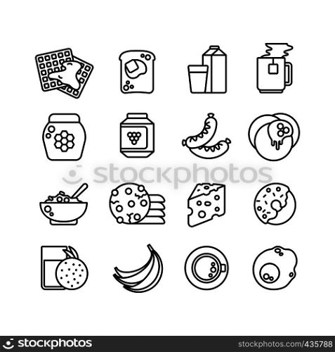 Breakfast hot meal line vector icons. Breakfast food, donut and burger, hot coffee and cheese illustration. Breakfast hot meal line vector icons