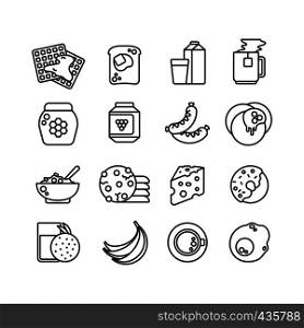 Breakfast hot meal line vector icons. Breakfast food, donut and burger, hot coffee and cheese illustration. Breakfast hot meal line vector icons
