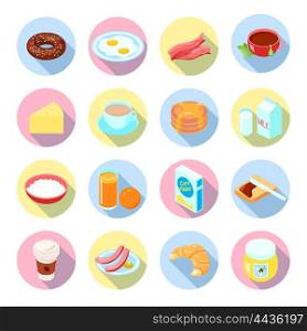 Breakfast Icon Flat Set. Breakfast food and drinks flat icons set with tea juice coffee porridge bacon in circles isolated vector illustration