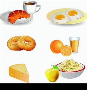 Breakfast icon set - cheese, coffee, croissant, eggs, bagels, fruit