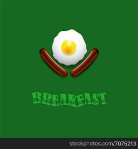 Breakfast Icon with Natural Egg and Two Realistic Boiled Sausages Isolated on Green Background. Breakfast Icon with Natural Egg and Two Sausages