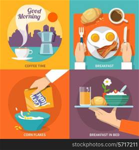 Breakfast icons flat set with coffee time corn flakes bed isolated vector illustration