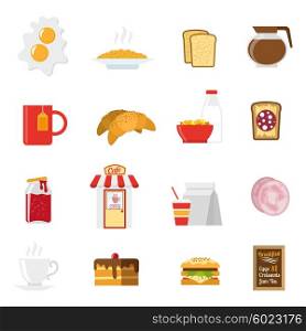 Breakfast Icons Set . Breakfast icons set with sandwiches milk and coffee flat isolated vector illustration