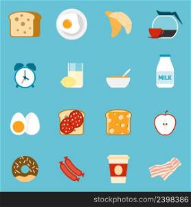 Breakfast icons set with sandwiches milk and coffee on blue background flat isolated vector illustration . Breakfast icons set