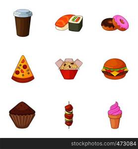 Breakfast in fast food icons set. Cartoon set of 9 breakfast in fast food vector icons for web isolated on white background. Breakfast in fast food icons set, cartoon style