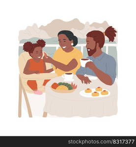 Breakfast isolated cartoon vector illustration. Family having breakfast at hotel, baby in high chair with parents at the table, fruits on plate, drinking coffee, feeding child vector cartoon.. Breakfast isolated cartoon vector illustration.