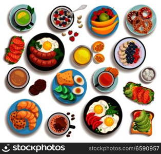 Breakfast isolated set of top view dishes laid out on tableware or pan isolated vector illustration. Breakfast Isolated Set