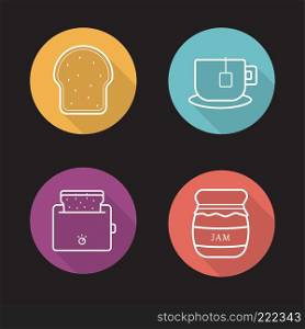 Breakfast items flat linear long shadow icons set. Toaster, covered honey pot, teacup on plate, toasted bread. Vector line illustration. Breakfast items flat linear long shadow icons set